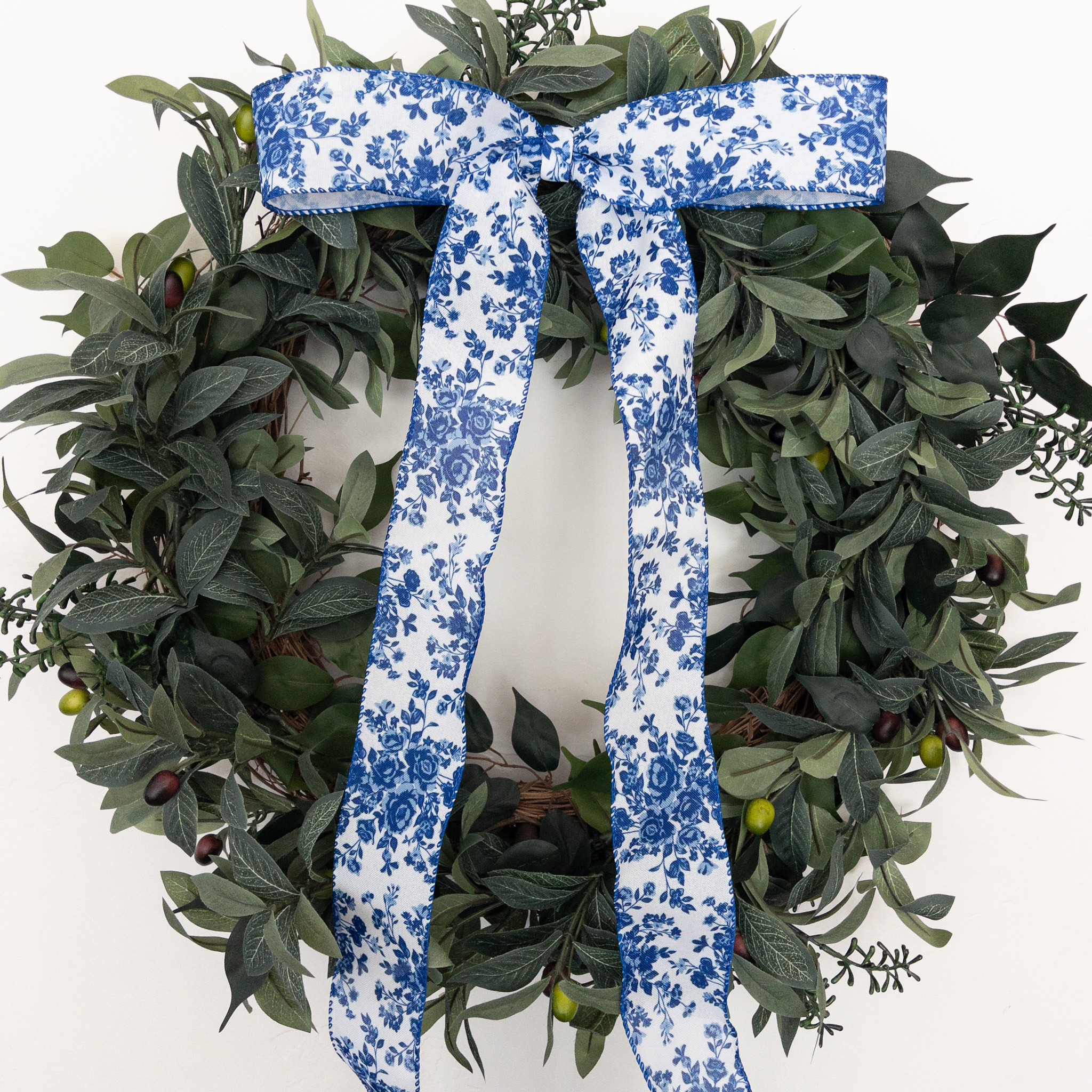 2.5" wide White and Blue Floral Bow