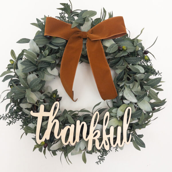 Thankful Wood Lettering with Bow (Made for 24" wreath base)